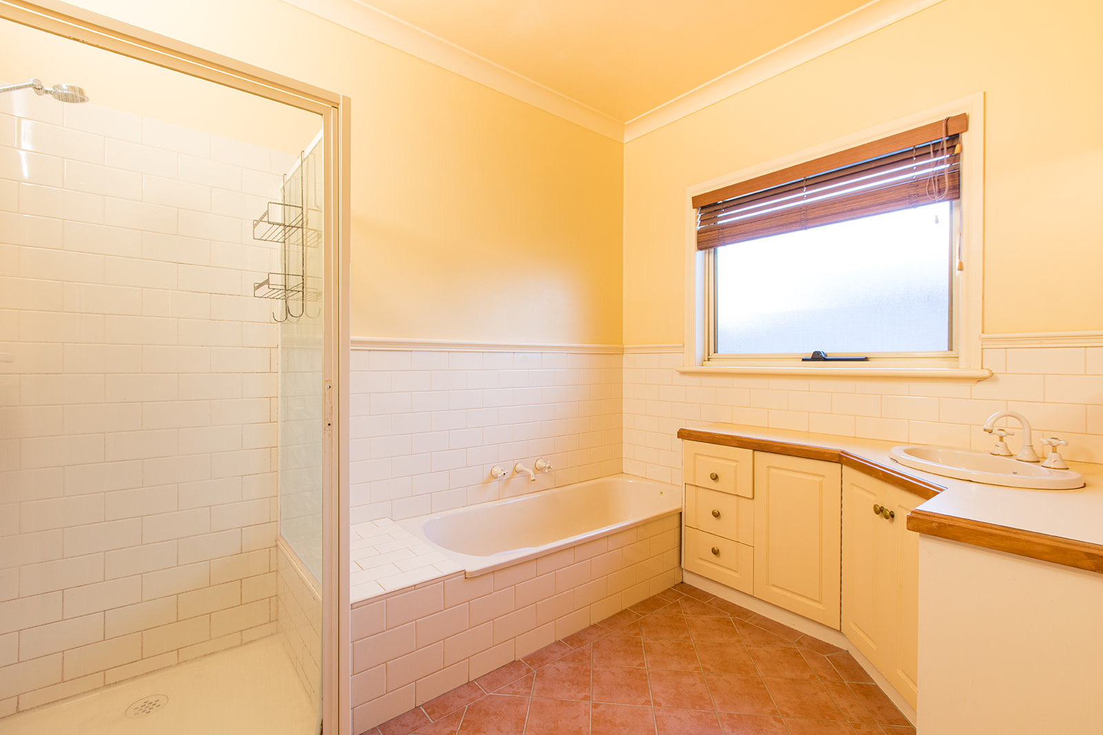 Bathroom before: cream walls, terracotta floor tiles, timber vanity