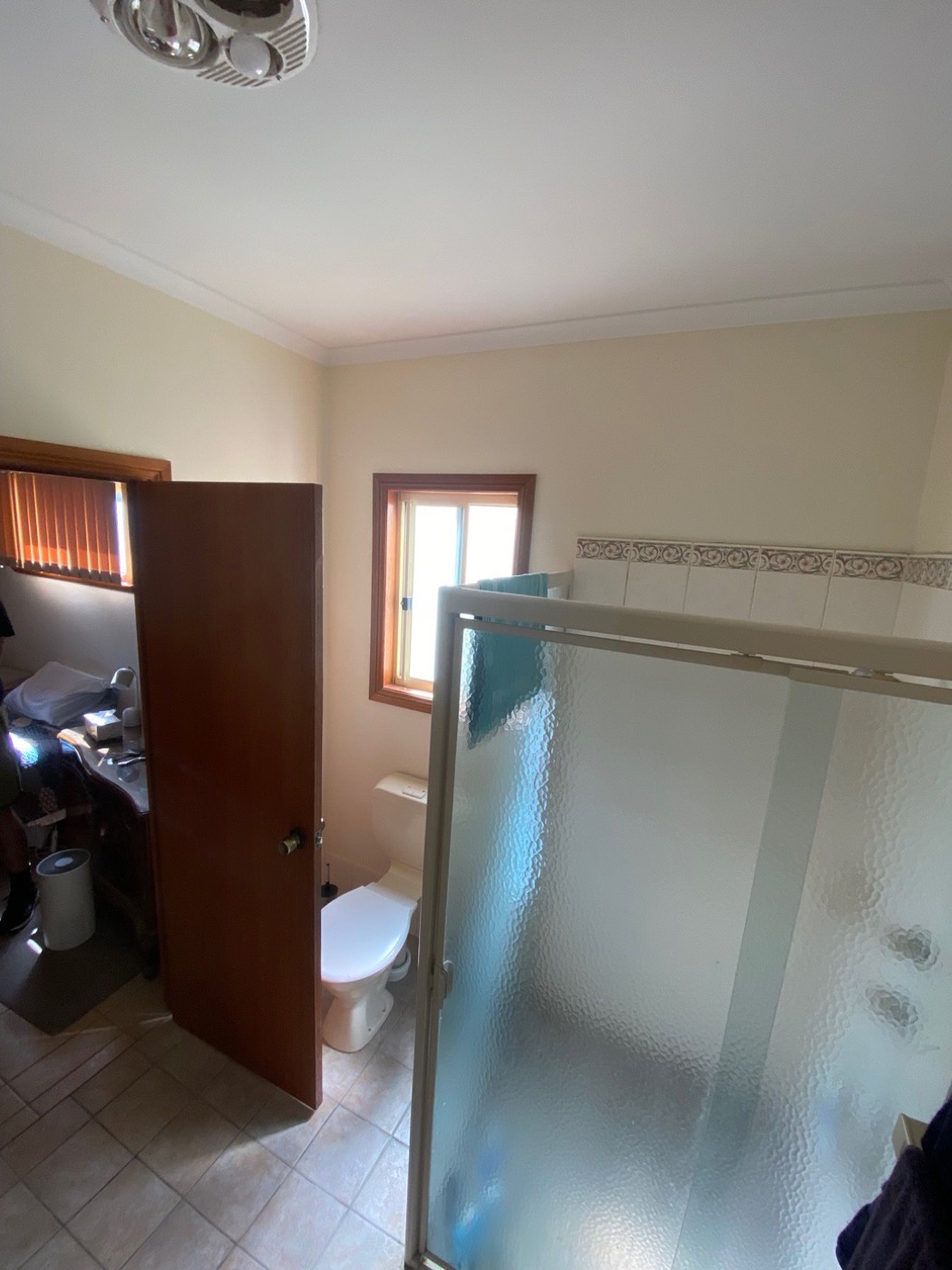 Ensuite before: framed shower screen and timber door